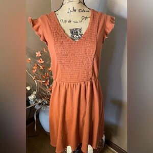Roxy Terracotta Orange  Midi Dress ruffle sleeve v neck sz M PTP 17”